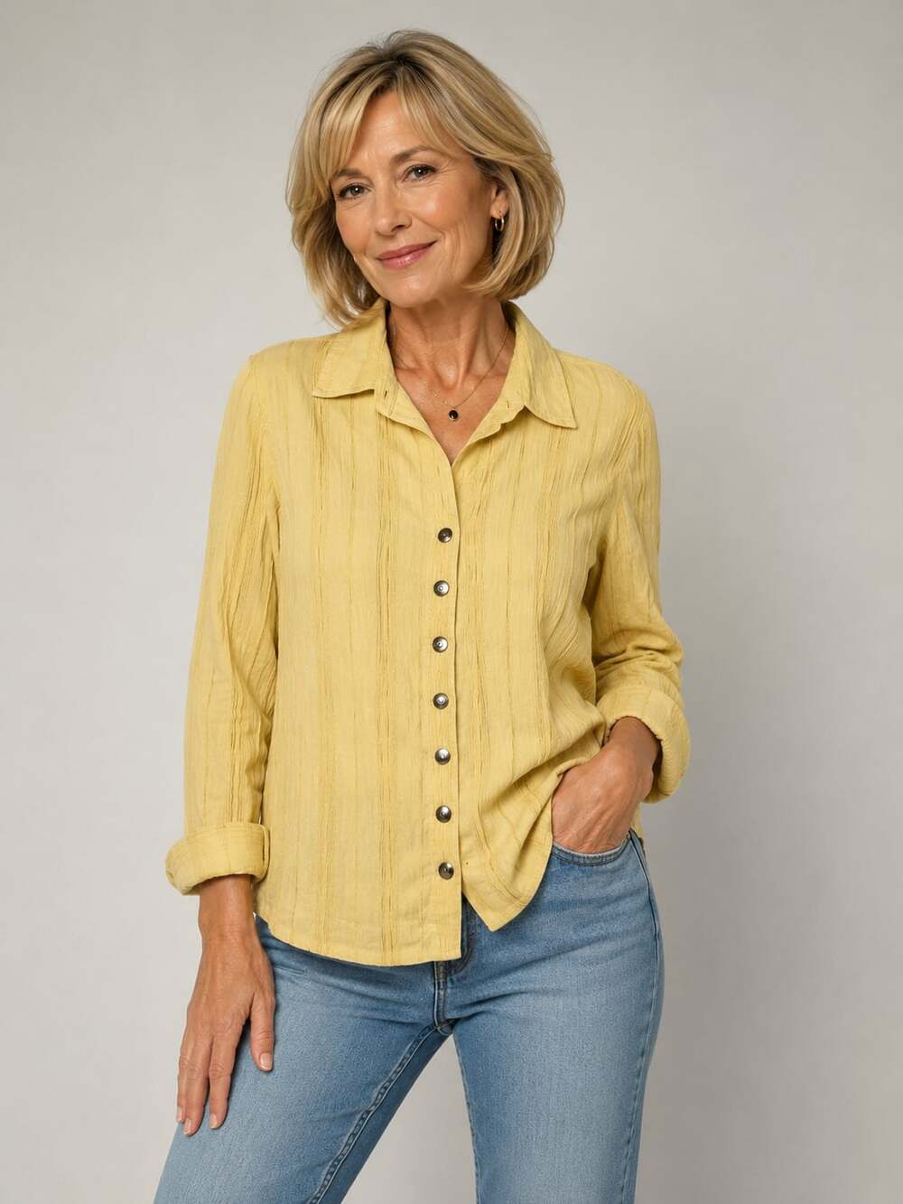 Christopher & Banks Women's Stretch Yellow Button-Down Long Sleeve Shirt